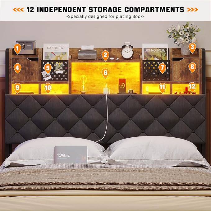 Queen Size Bed Framewith 4 Under-Bed Storage Drawers and LED Light, Queen Bed Frame with Upholstered Headboard and Charging Station,3-Tier Headboard and Hidden Storage Space,Gray