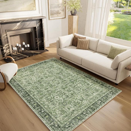 Washable Area Rugs 5'x7' Non-Slip Vintage Boho Distressed Fade Resistant Low Pile Carpet for High-Traffic Living Room, Bedroom & Dining Room