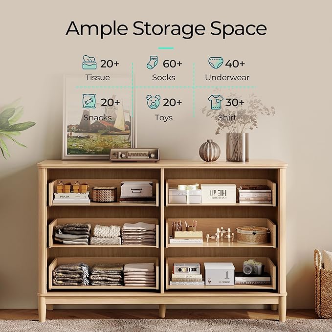 LINSY HOME Rattan Dresser for Bedroom with 6 Drawers, 47" Wide Chest of Drawers, Mid Century Modern Dresser TV Stand with Metal Handle, Wood Closet Storage Cabinet for Living Room, Hallway, Oak