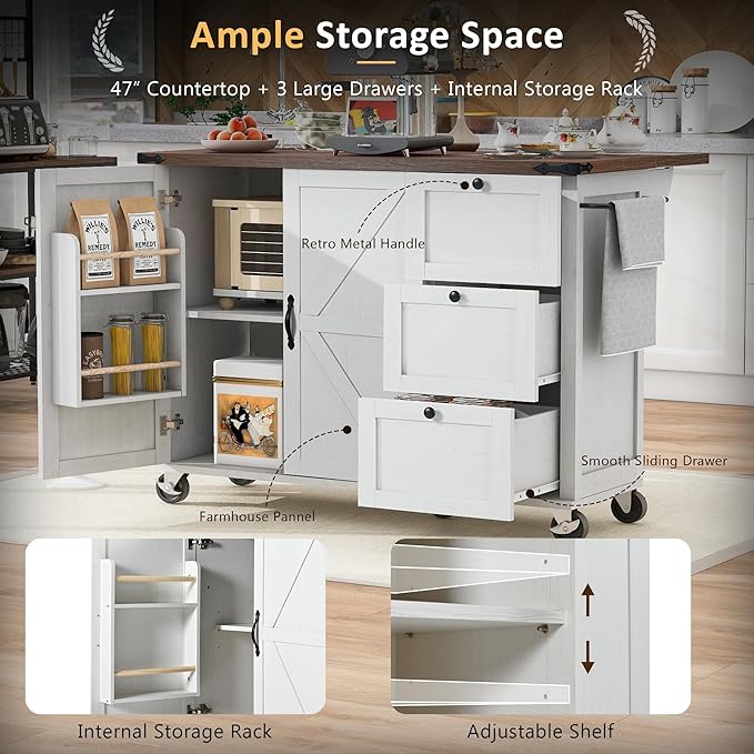 54.5" Farmhouse Kitchen Island with Power Outlet, Kitchen Storage Island with Internal Storage Rack, Drop Leaf, Spice Rack, Rolling Kitchen Cart on Wheels, for Home, Kitchen and Dining Room (White)