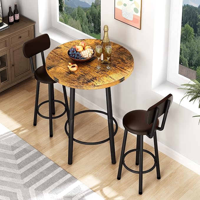 Recaceik 3 Piece Pub Dining Set, Modern Round bar Table and Stools for 2 Kitchen Counter Height Wood Top Bistro Easy Assemble for Breakfast Nook Living Room Small Space Restaurant, Rustic Brown 23.6"