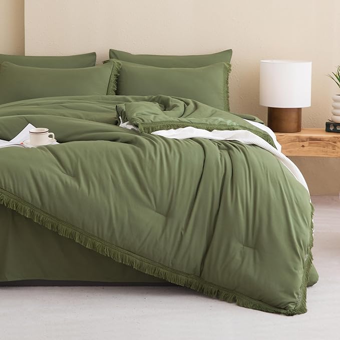 Andency King Size Comforter Set with Sheets Olive Green -7 Pieces Bed in a Bag Boho Tassel Bedding Sets, All Season Fringe Bed Set with Comforter, Sheets, Pillowcases & Shams