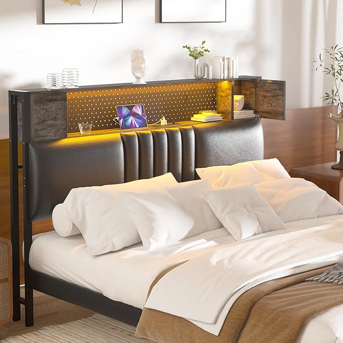 Unikito Upholstered Headboard for Twin Size Bed with Storage and Cabinet, Headboards with Power Outlets, USB Ports and LED Light, Twin Size Head Board Only, Sturdy and Stable Headboard, Black Oak
