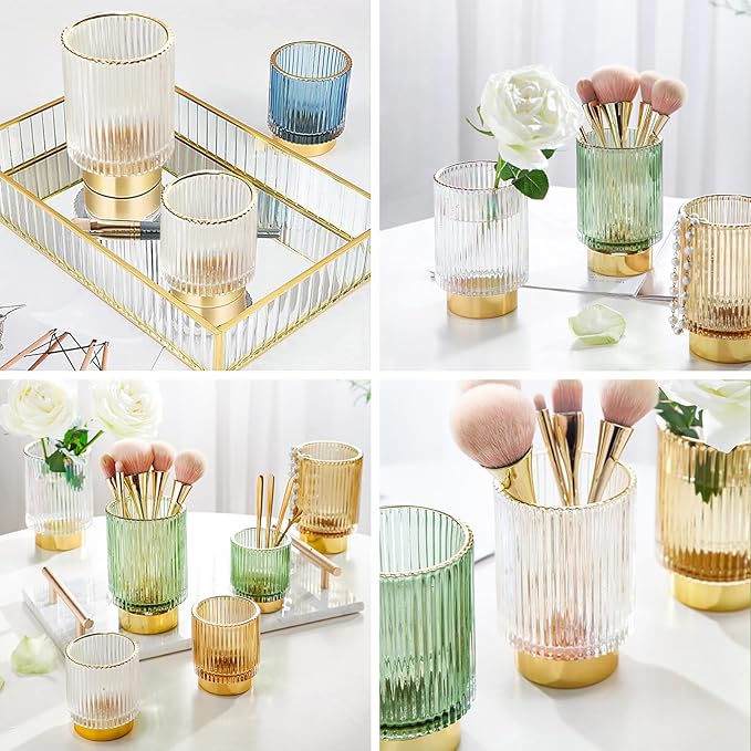 DASITON Makeup Brush holder Organizer,Crystal Cosmetic Makeup Brush Glass Brushes Storage Holder, Vintage Make Up Brush Cup Pen Pencil Holder striped vase(Clear S+L)