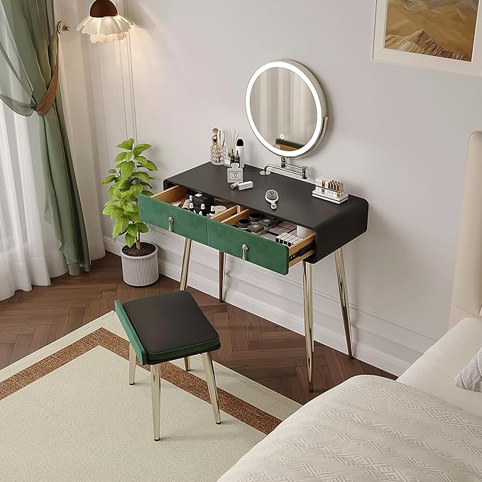 Vanity Desk with Adjustable Mirror and Lights, Makeup Vanity with 2 Drawers and Chair, Small Dressing Table with Leather Surface for Bedroom, 3 Lighting Modes