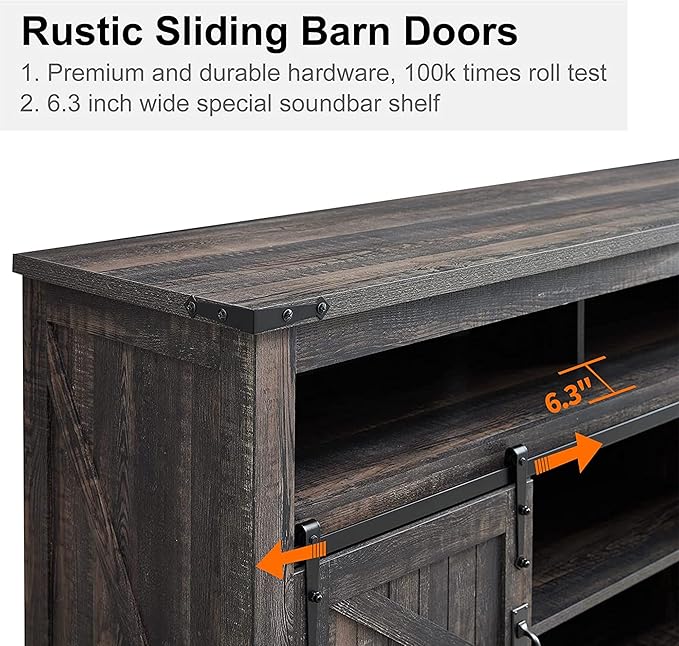 OKD Farmhouse TV Stand for 65+ Inch TV, 33" Tall Highboy Entertainment Center w/Sliding Barn Door, Rustic Media Console w/Storage Shelves, Wood Television Stand for Living Room, Dark Rustic Oak