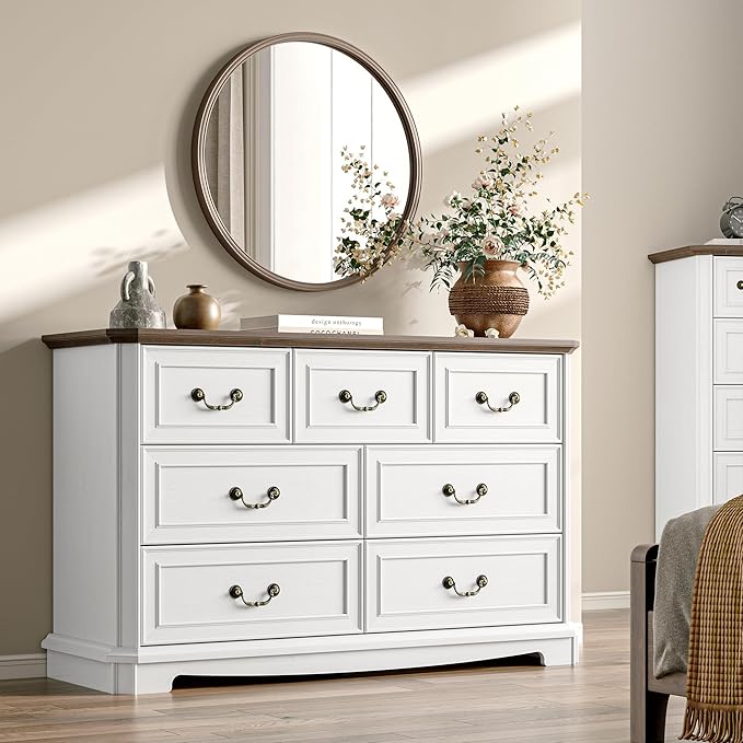 Farmhouse Dresser for Bedroom with 7 Drawer, 48" Wide Rustic Chest of Drawers with Metal Handle, Wood Vintage Dresser TV Stand, Wooden Closet Storage Dressers Organizer for Living Room, Hallway, White