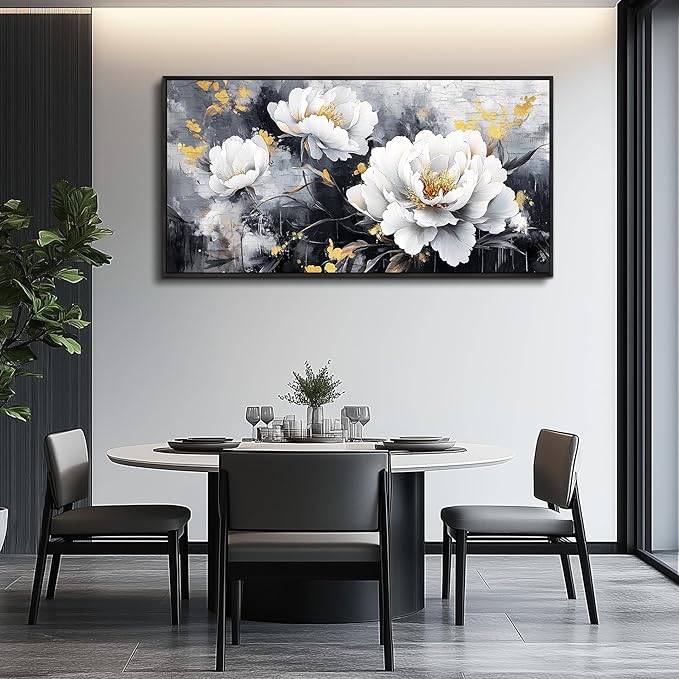 PHAOHUAXM Large Canvas Black Framed Wall Art Decor For Living Room Bedroom Abstract Painting Ink-Wash White Flowers With Home Dining Room Decorations Prints Posters Modern Room Home Decor 24"X48"