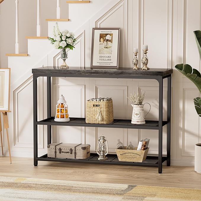 47" Console Table, 3-Tier Entryway Table, Sofa Table with Mesh Shelves, Console Tables for Living Room, Bedroom, Hallway, Entryway, Foyer, Grey