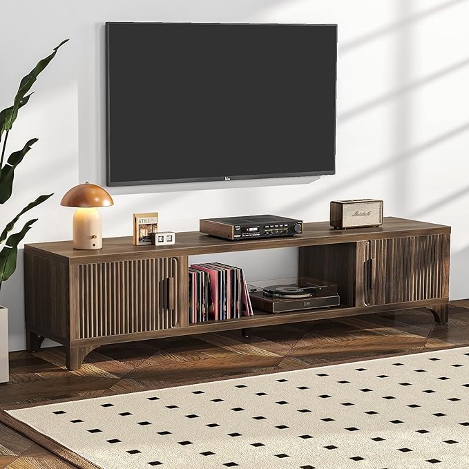 Mid Century Modern TV Stands for 65/70/75 Inch TV, Boho Media Console for Living Room, Fluted TV Entertainment Center with Storage, Wood Television Cabinet for Bedroom
