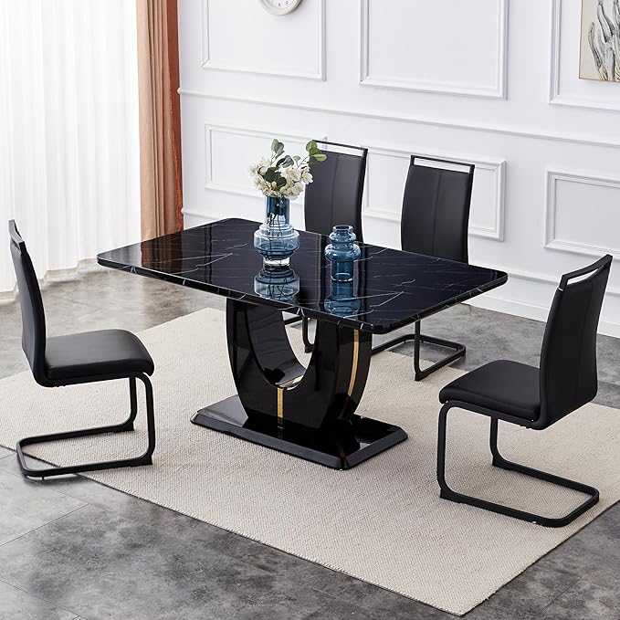 Dining Table Set for 6, Kitchen Table Chairs Set of 6, Modern Dining Room Set with 63 inch Marble Dinner Table PU Leather Upholstered Chairs for Dining Room Kitchen
