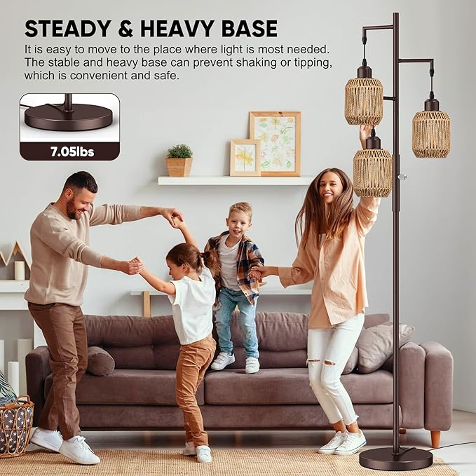 ROTTOGOON Dimmable Boho Floor Lamp - 3 Light Farmhouse Rattan Floor Lamp for Living Room, Industrial Tree Floor Lamps with 3 X 6W LED Bulbs, Rustic Standing Tall Lamp for Bedroom, Office, 68", ORB