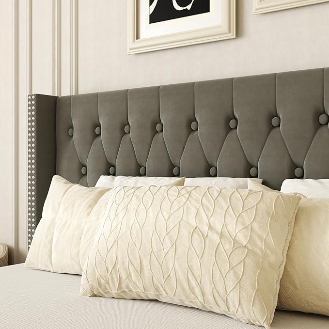 Full Size Bed Frame, Upholstered Platform Bed with Wingback Headboard, Velvet Button Tufted, Easy Assembly, No Box Spring Needed, Green