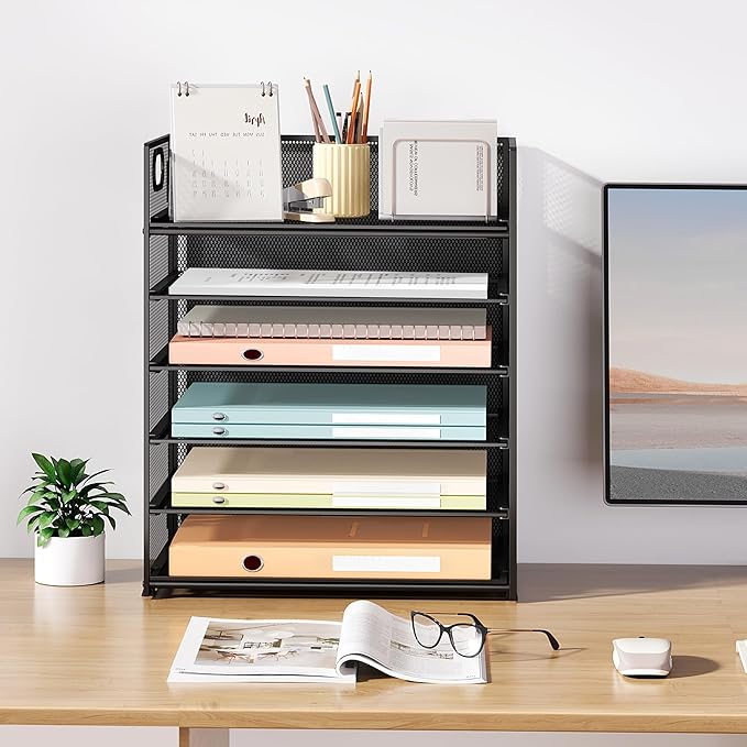 Subekyu 2-Pack 6-Tier Paper Tray Organizer for Desk - Black Mesh File Folder Sorter with Handles, Desk Letter Holder for Office, Home, School Supplies Storage & Organization