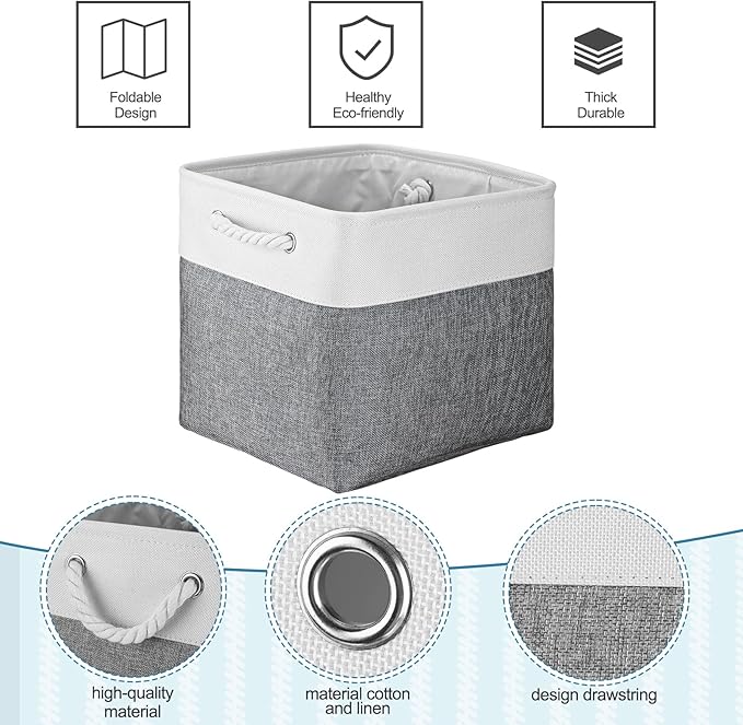 meekoo 8 Pack Collapsible Storage Bins Fabric Storage Bins Polyester Fabric Baskets with Handles Linen Closet Organizer for Shelf Home Closet Towels Toys(12 x 12 x 12 in,Gray White)