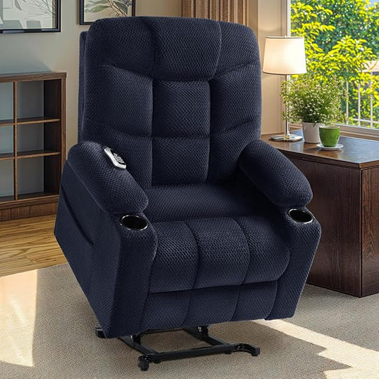 Triple Motor Large-Wide Power Lift Recliner Chair with Power Headrest for Big and Tall Elderly, Infinite Position, Massage Heat, Extend Footrest, USB, Cup Holder, Plush Flannel, Blue