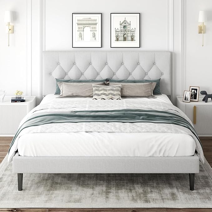 King Size Platform Bed Frame with Upholstered Headboard, Button Tufted Design, Strong Wooden Slats, No Box Spring Needed, Easy Assembly, Noise Free