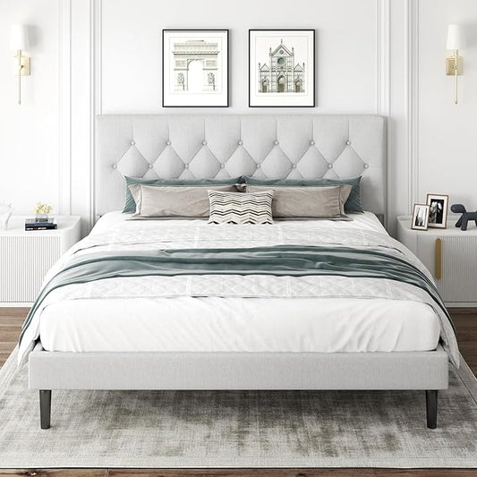 King Size Platform Bed Frame with Upholstered Headboard, Button Tufted Design, Strong Wooden Slats, No Box Spring Needed, Easy Assembly, Noise Free