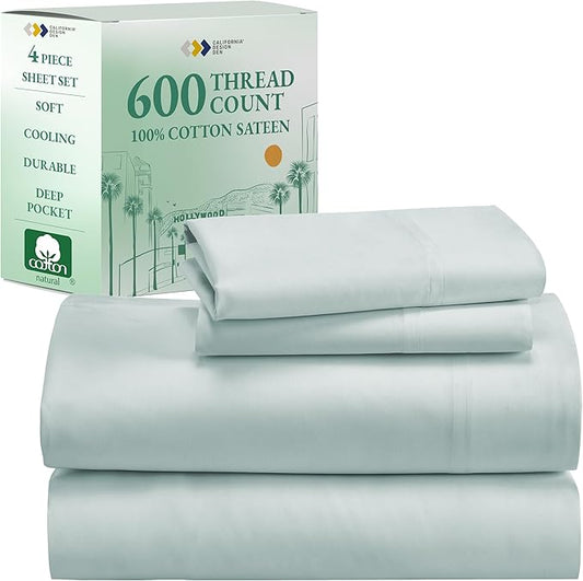 CALIFORNIA DESIGN DEN 5-Star Hotel 600 Thread Count 100% Cotton Sheets Set - Soft & Smooth Queen Sheet for Bed with Deep Pockets, Quality Beats Egyptian Cotton Sheets and Pillowcases (Seafoam)