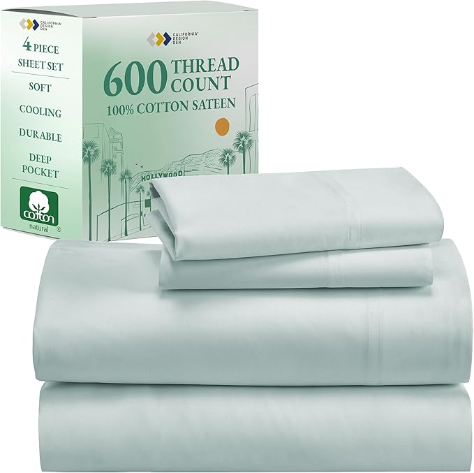 California Design Den - Luxury Full Size Sheet Set - 100% Cotton, 600 Thread Count Deep Pocket Full Size Bed Sheets, Hotel-Quality Cooling Sheets with Sateen Weave - Seafoam