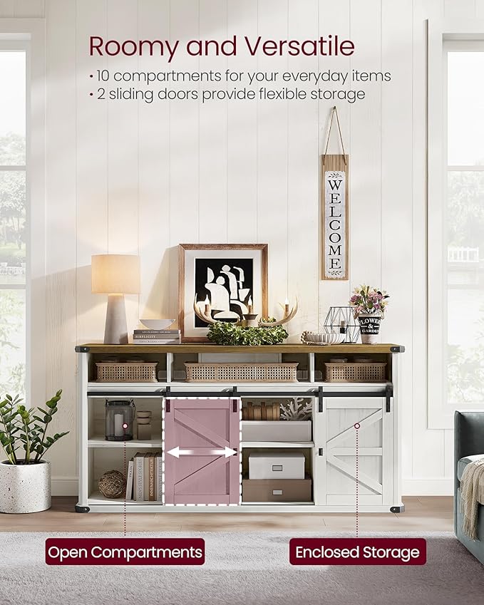 VASAGLE TV Stand for TVs up to 65 Inches, Farmhouse Entertainment Center with Sliding Barn Doors, TV Console Table for Living Room, Rustic White and Honey Brown ULTV322W73