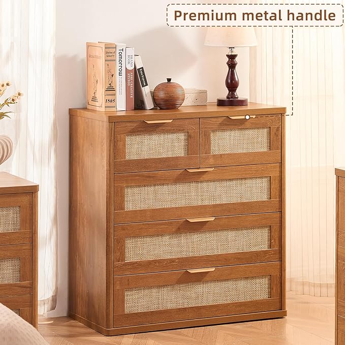 LEYAOYAO Rattan Dresser for Bedroom Set of 2, 33.5" Tall Chest of Drawers, Modern 5 Drawers Boho Dressers with Storage, Vintage Brown Dresser Wooden Closet Organizer for Living Room, Hallway