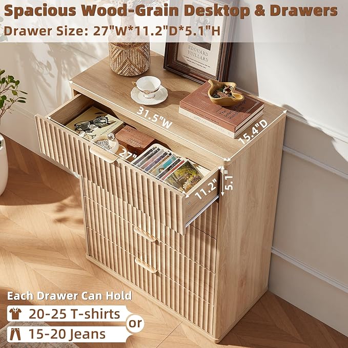 LEYAOYAO Fluted 5 Drawers Dresser for Bedroom, 41" Tall Modern Chest of Drawers with Metal Handle, Curved Profile Farmhouse Closet Organizer Wood Dressers TV Stand for Living Room, Hallway, Navy Blue