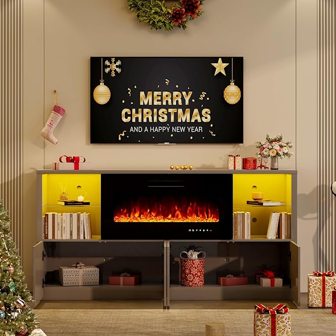 68" Modern Fireplace TV Stand for TVs up to 75", High Gloss Entertainment Center with 40" Fireplace, 4 Shelves & Storage Cabinets, Media Console Table,Grey