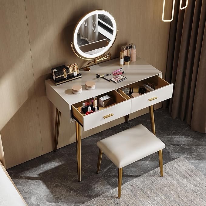 Vanity Desk with Adjustable Mirror and Lights, Makeup Desk with Drawers and Chair, Dressing Table Set with Leather Surface, Small Vanity Table for Bedroom, 3 Lighting Modes (Beige)