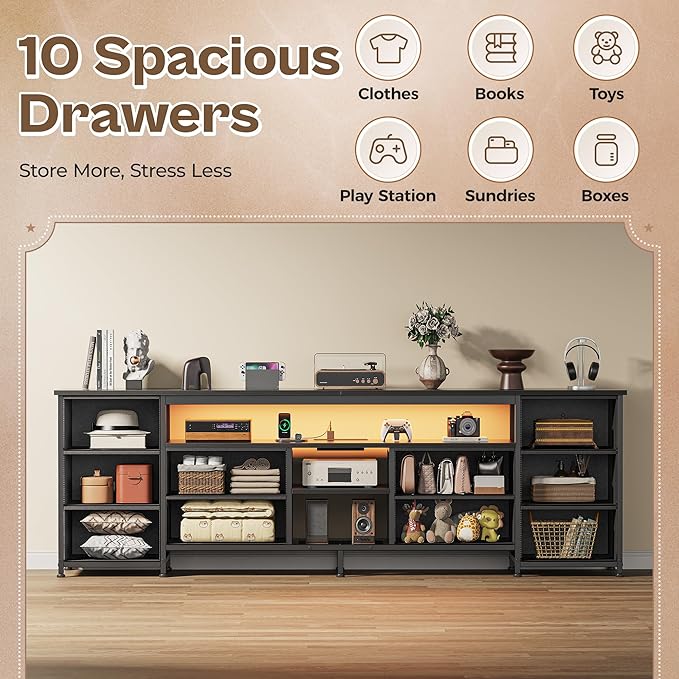 Huuger 70.9 Inch LED TV Stand Dresser with Power Outlets, USB-C Port and LED Lights, 10 Fabric Drawer Dresser for Bedroom, Long Entertainment Center for 75, 80 Inch TV, Open Shelves, PU Leather, Black