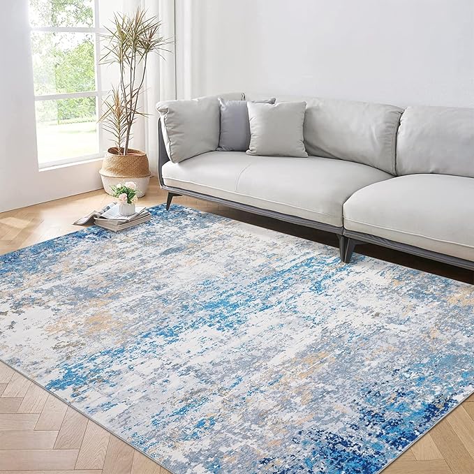 8x10 Modern Abstract Rug Faux Wool Ultra Soft Rug Non Slip Non Shedding Accent Large Rug for Living Room Bedroom Dining Room Office Home, Blue/Grey