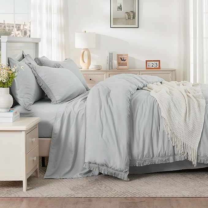 Andency California King Size Comforter Set with Sheets Light Grey - 7 Pieces Cal King Bed in a Bag Boho Bedding Sets, Light Grey Bed Set with Comforter, Sheets, Pillowcases & Shams