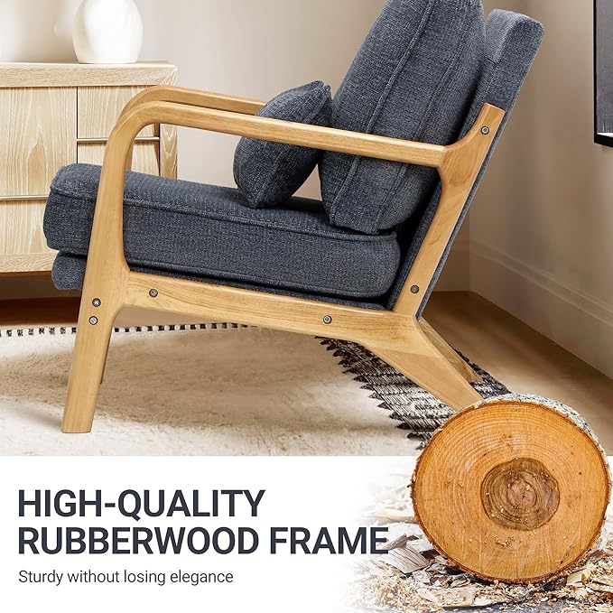 COLAMY Mid Century Modern Accent Chair Set of 2 with Lumbar Pillow, Relaxing Armchair with Solid Wood Frame & Soft Cushion, Reading Leisure Chair for Living Room（Blue）