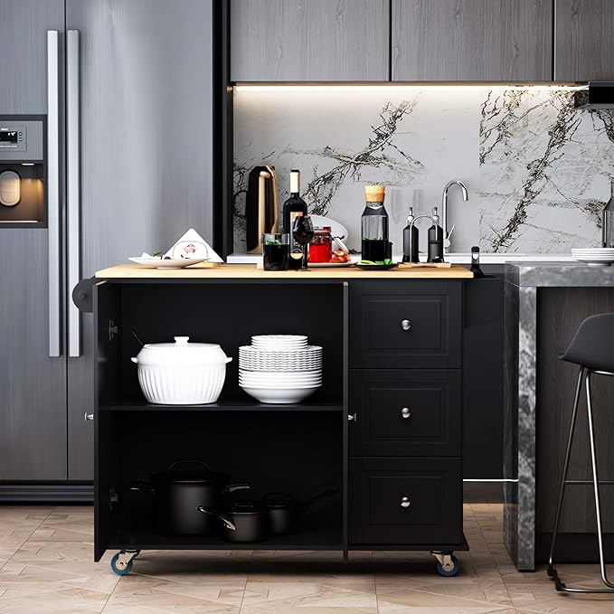 HOMCOM Mobile Kitchen Island with Drop Leaf, Storage Trolley Cart on Wheels, Towel/Spice Rack, 3 Drawers, 2-Door Cabinet, Black
