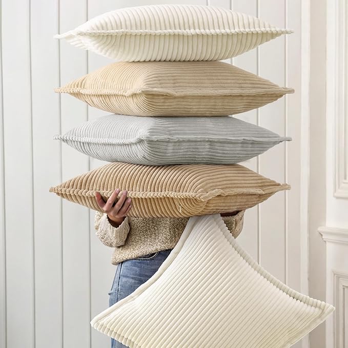 decorUhome Corduroy Beige Throw Pillow Covers 16x16 Set of 2 Decorative Soft Boho Striped Neutral Euro Farmhouse Couch Pillow Covers with Broadside for Living Room Bed Sofa