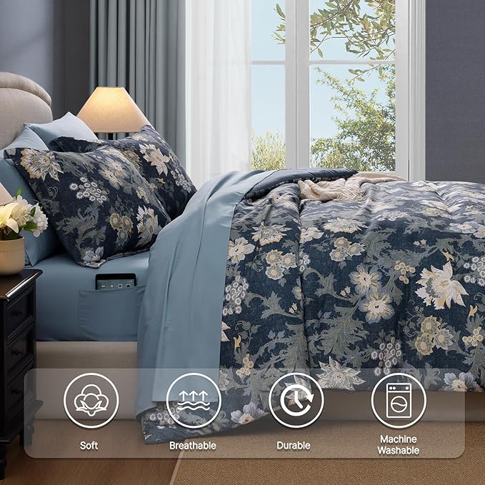 Full Comforter Set -7 Pieces Floral Navy Blue Comforter Set for All Seasons, Bed in a Bag Full with Botanical Flowers Comforter, Sheets, Pillowcases & Shams