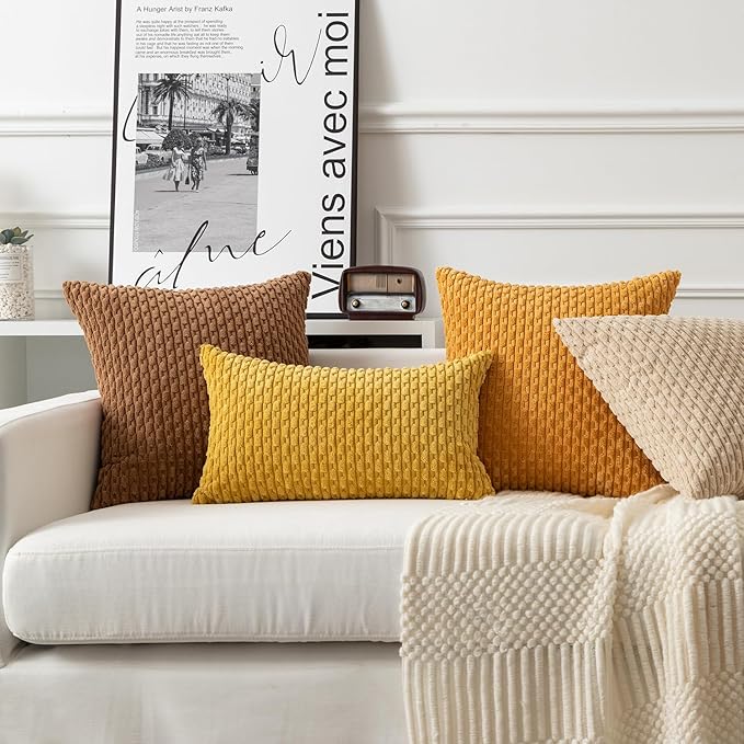 Kevin Textile Throw Pillow Covers Soft Corduroy Decorative Set of 2 Boho Striped Pillow Covers Pillowcases Farmhouse Home Decor for Couch Bed Sofa Living Room 18x18 Inch Golden Yellow