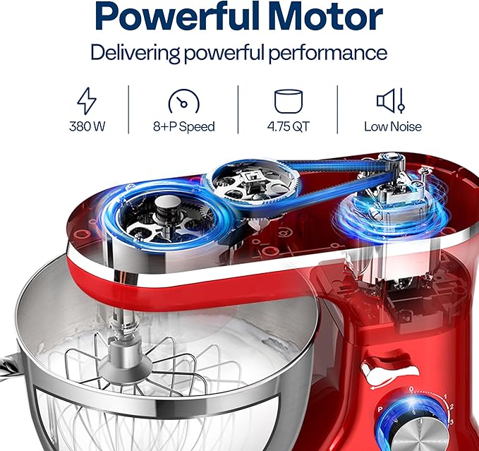 VIVOHOME 4.75 Quart Stand Mixer, 8 Speed Kitchen Electric Food Mixer, Household Stand Mixer for Baking, Cake, Bread with Beater, Dough Hook, Wire Whip and Egg Separator, Red