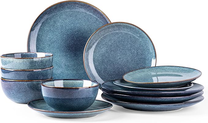 AmorArc Ceramic Dinnerware Sets for 4, 12 Pieces Handpainted Plates and Bowls Set, Scratch Resistant Stoneware Dishes Set, Dishwasher & Microwave Safe, Ceylon Blue