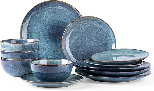 AmorArc Ceramic Dinnerware Sets for 4, 12 Pieces Handpainted Plates and Bowls Set, Scratch Resistant Stoneware Dishes Set, Dishwasher & Microwave Safe, Ceylon Blue