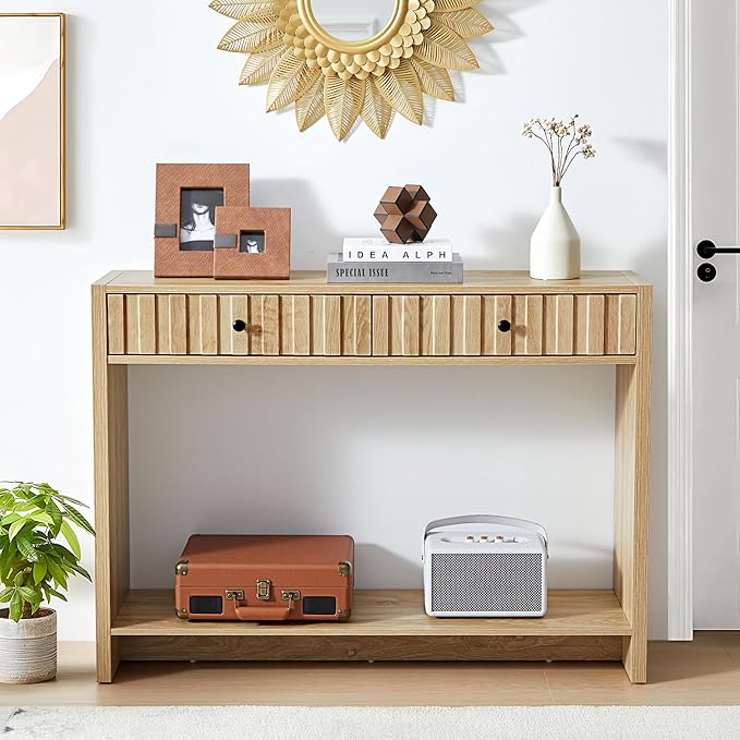 Console Table with Drawers, Narrow Mid-Century Fluted Entryway Table Sofa Table with Storage Shelf, Wood Entry Table Accent Behind Couch Ta ble for Entrance, Hallway, Living Room (Natural)