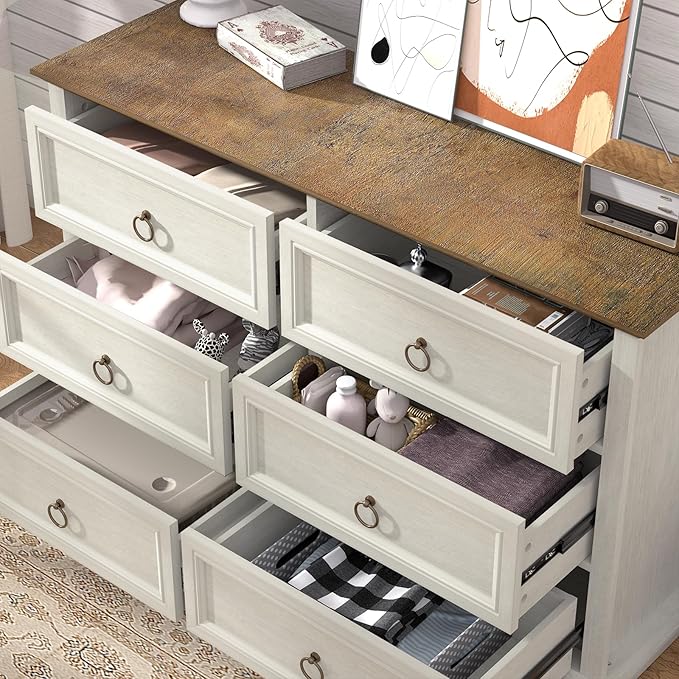 6 Drawers Dresser, Chest of Drawers for Bedroom, Dressers Organizer, Vintage Wood Drawer Chest for Living Room, Bedroom, Closet, Hallway, White