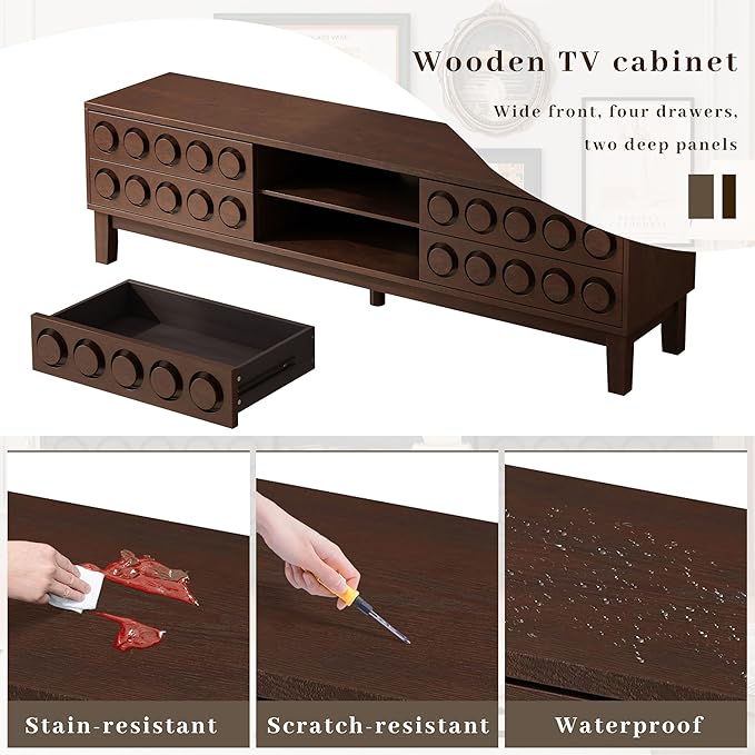 70" Modern TV Stand, Entertainment Center for Tvs up to 75", Unique Circular Design, TV Media Console with 4 Drawer & Open Storage for Living Room (Walnut)