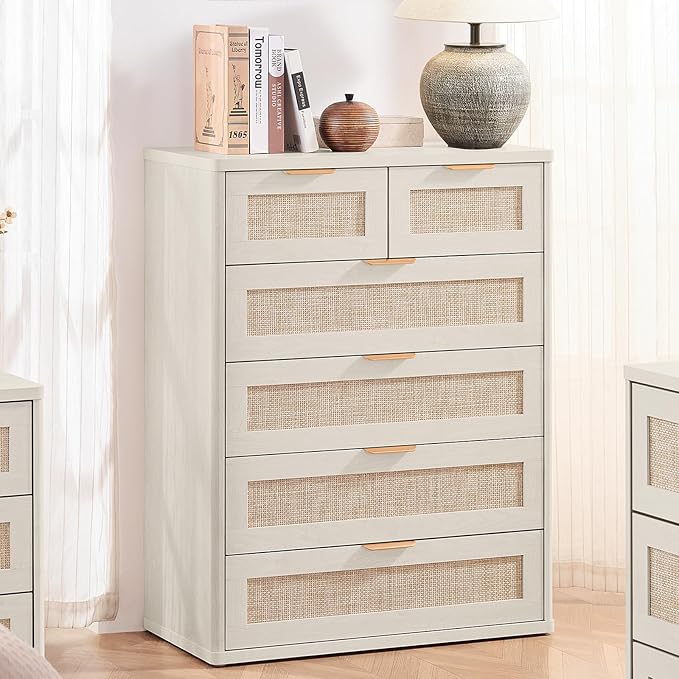 LEYAOYAO White Dresser for Bedroom Set of 2, 41" Tall Chest of Drawers, Modern 6 Drawers Boho Rattan Dressers with Storage, Dresser Wooden Closet Organizer for Living Room, Hallway