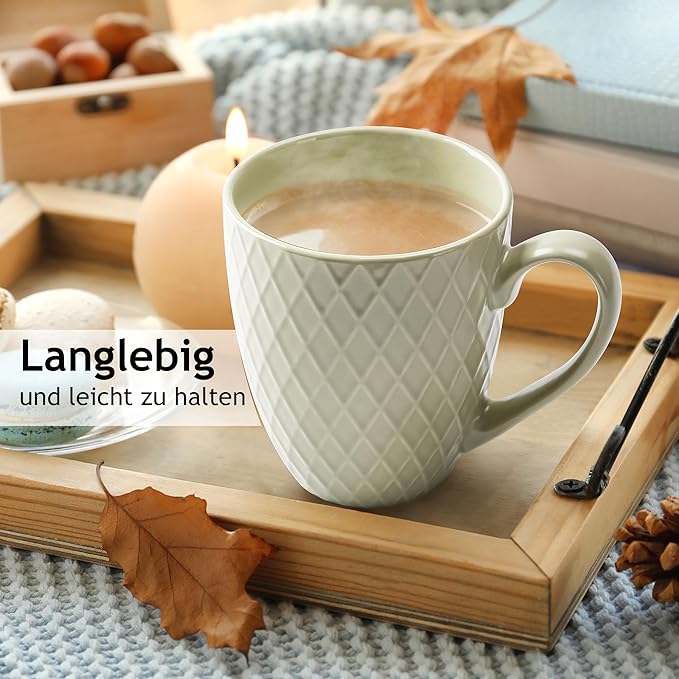 MIAMIO - Coffee Mugs set of 6 / Coffee Cups - 6 x 14 Oz Ceramic Mugs - Large Coffee Mugs - Microwave & Dishwasher safe - Palmanova Collection (Green)