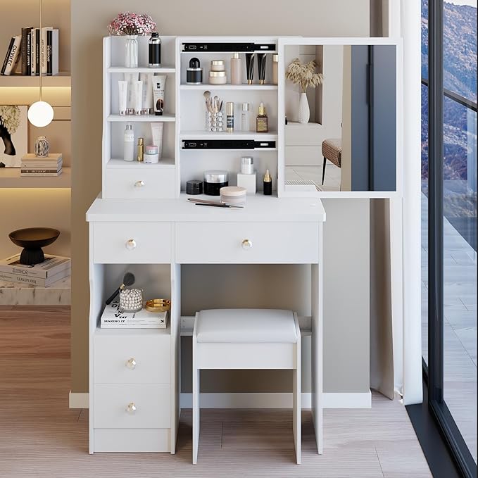 29.2" Small Vanity Desk with Mirror, Makeup Table with Sliding Mirror, Dressing Table with Multi Layer Capacity Storage, Vanity Set with 5 Drawers and Stool for Small Space Bedroom, White