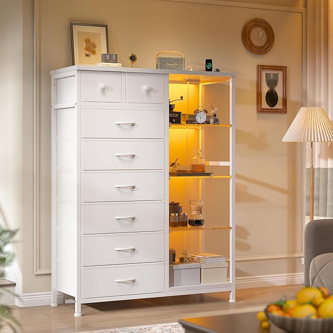 EnHomee Dresser for Bedroom with LED Lights & Power Outlets Tall Dresser with 8 Drawers Fabric Dressers & Chests of Drawers for Bedroom, Closet, Sturdy Metal Frame, Acrylic Plates (White)