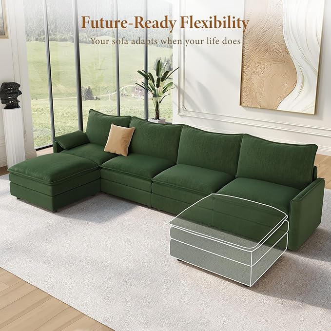 Vesgantti 142" Cloud Couch Sectional Modular Sofa, Comfy Sectional Couch with Ottoman Deep Seat Chenille L Shaped Sofa, Modular Couches for Living Room, Bedroom and Apartment, Green