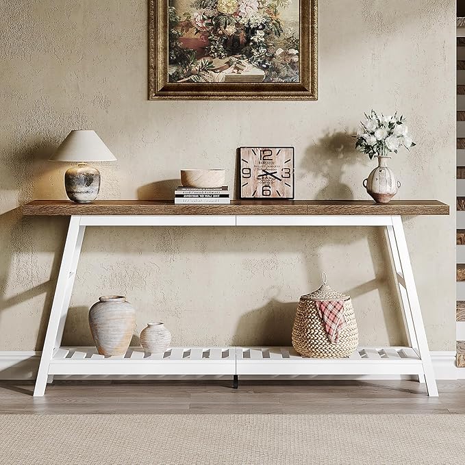 ChooChoo 70.9 Inch Long Console Tables for Entryway, Wood 2-Tier Entry Hallway Table, Narrow Sofa Table Behind Couch Table for Living Room, Entrance, White & Brown