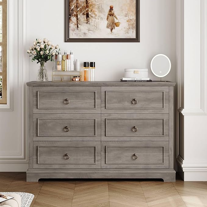 HOSTACK 6 Drawer Dresser for Bedroom, Modern Farmhouse Chest of Drawers, 47.2" Wide Wood Double Dresser, Rustic Brown Storage Cabinet for Living Room, Entryway, Hallway, Ash Grey